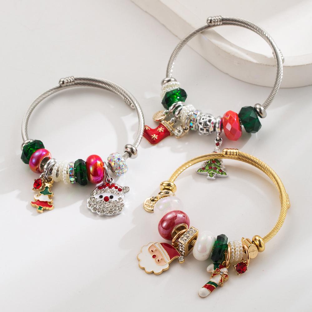 New Christmas Elements Holiday Bangle: Stainless Steel Bracelet with Santa Claus, Christmas Tree, Candy Cane, and Boots Accessories