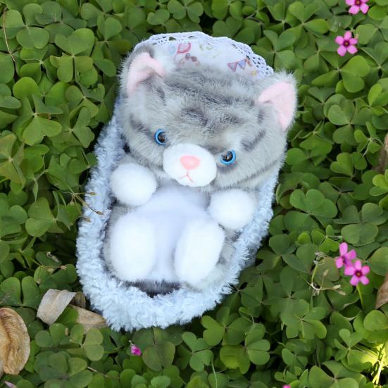 Cute Lifelike Kitten Plush Toy with Sleeping Nest Soft Stuffed Animal Fluffy Cat Doll Fun Desktop