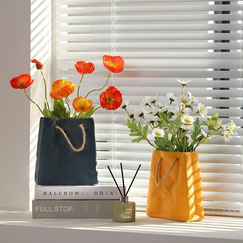 1Pcs Nordic Creative Shopping Basket ceramic Vase Bag Decoration Simple Dried Flower Arrangement Vase Table Decoration