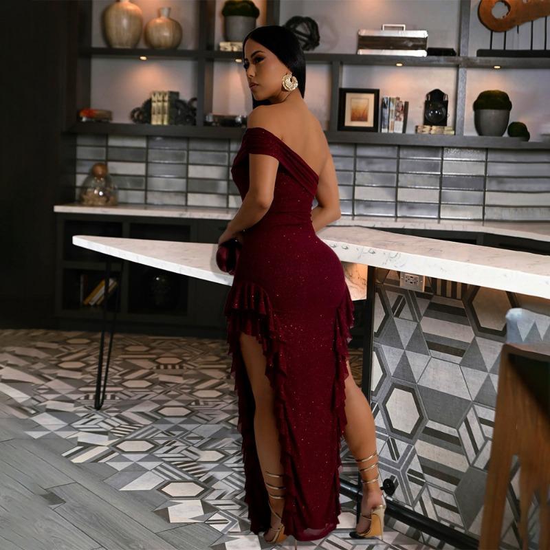 Women's Slim-fit Split Dress Sexy One-shoulder Long Dress