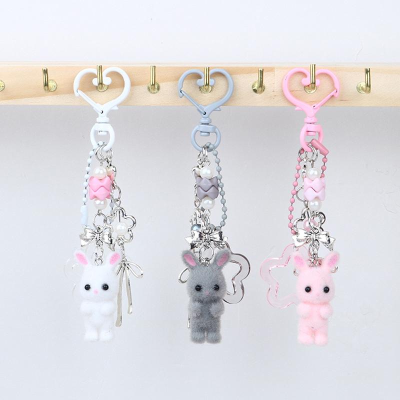 Kawaii Cute Rabbit Keychain  Cartoon Flocking Animal Pendant Keychain Exquisite Backpack Decoration Accessories Gifts