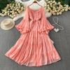 French Vacation Sexy One-word Shoulder Horn Sleeve Dress Women's Summer Senior Feeling Waist Thin Ruffle Edge Dress