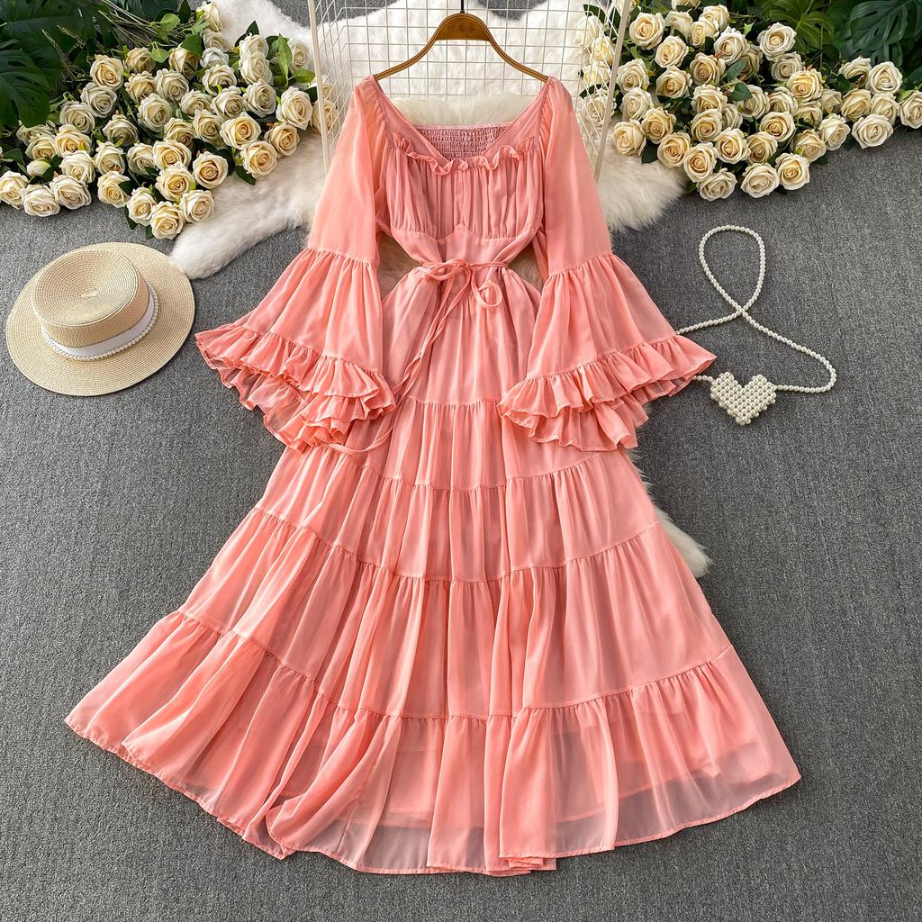 French Vacation Sexy One-word Shoulder Horn Sleeve Dress Women's Summer Senior Feeling Waist Thin Ruffle Edge Dress