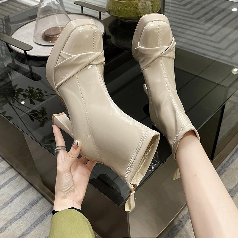 Ankle Square Heel Modern Boots Winter Square Toe Ladies Shoes on Sale 2024 Fashion Super High Heel Butterfly-knot Women's Boots