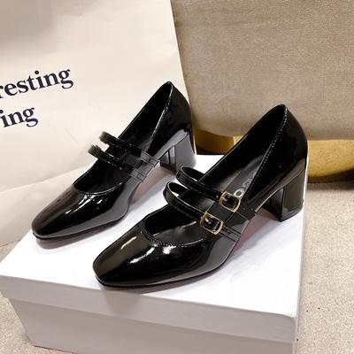Spring Autumn Double Buckle Women Mary Janes Shoes Patent Leather Dress Square Head High Heels Black Red Ladies Shoes