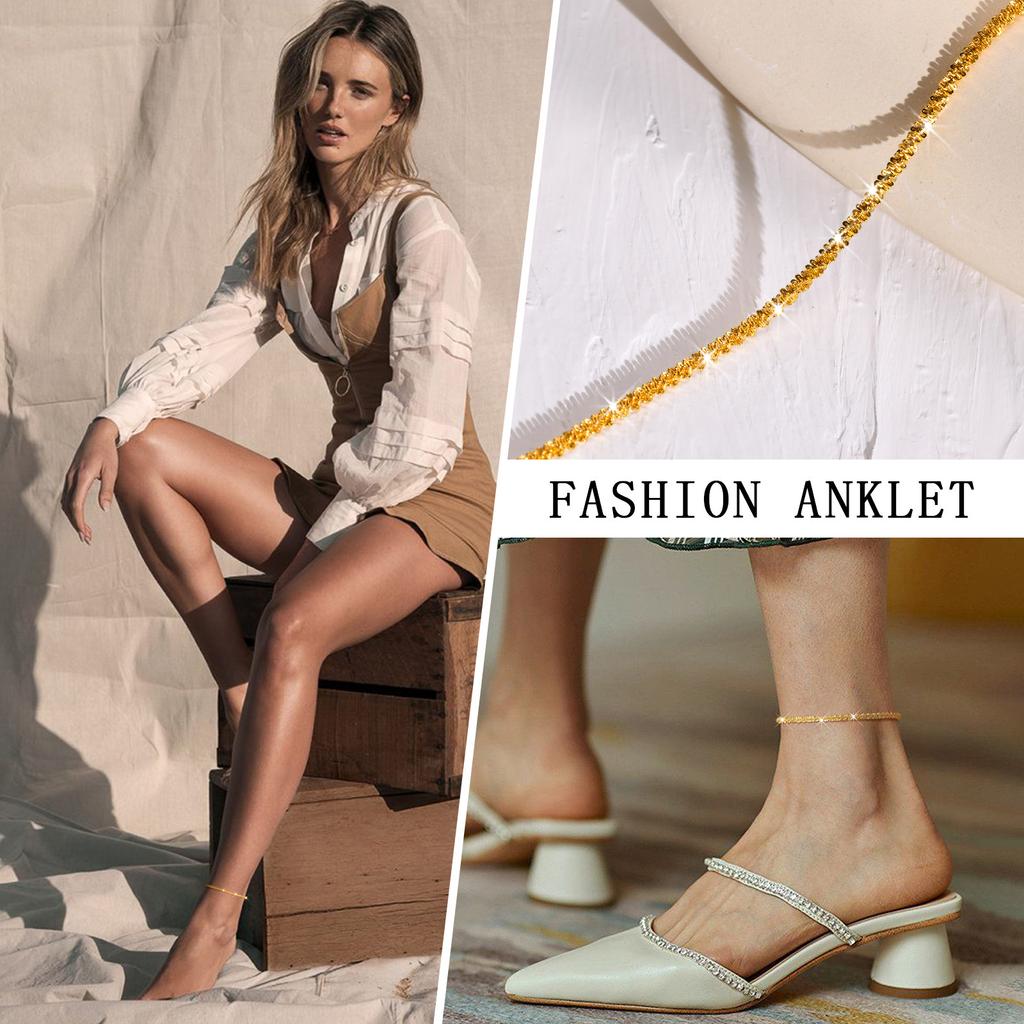 Sparkling Gold Color Anklet Bracelet on Leg for Women, Stainless Steel Chain Anklets Shiny Foot Link Adjsutable Set Jewelry
