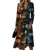 Women's Casual Halloween Print Long Sleeve V-Neck Dress with Pockets for Fall Party