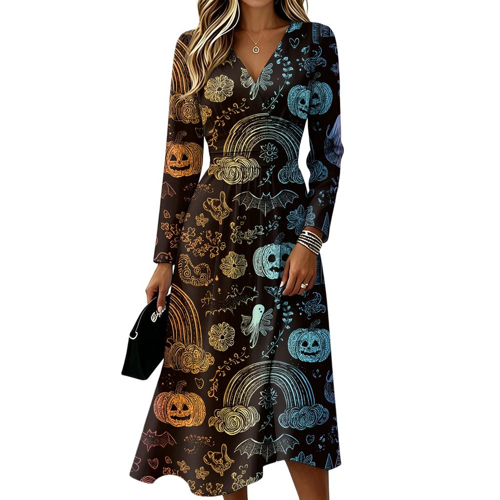 Women's Casual Halloween Print Long Sleeve V-Neck Dress with Pockets for Fall Party