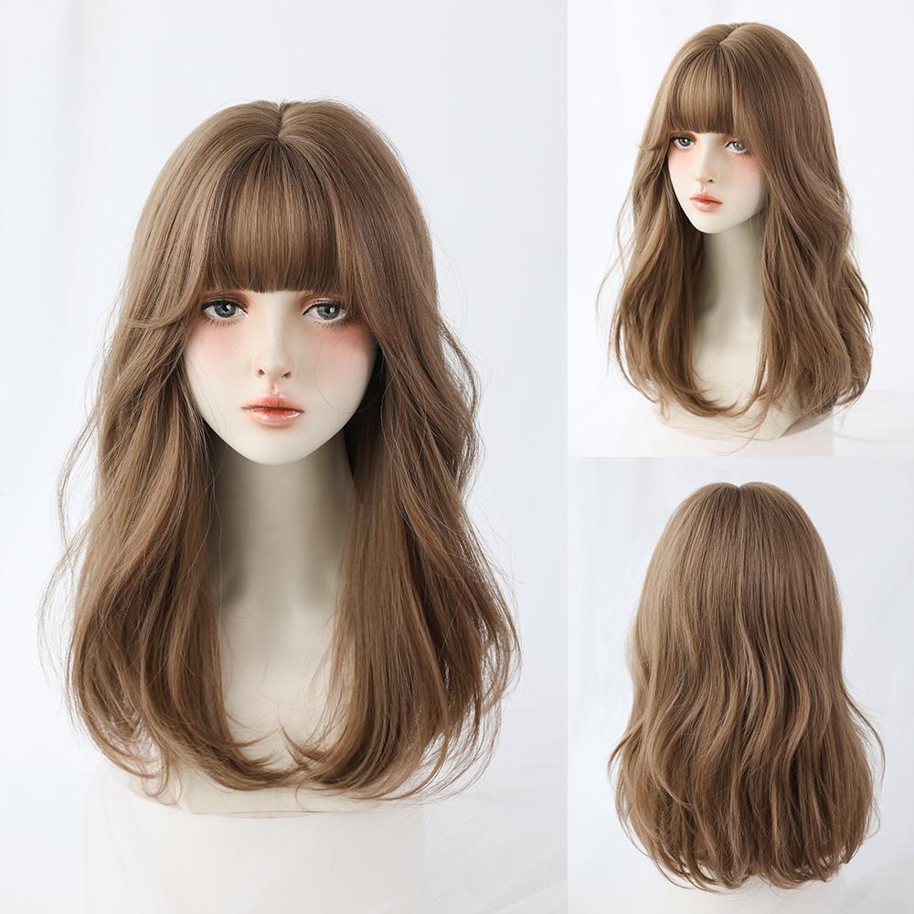 Lange Lockige Haare Damen Perücke mit Pony Täglich Braun Schwarz Rosa Lolita Cosplay Geflochtene Perücken Hitzebeständige Faser Party Kunsthaar