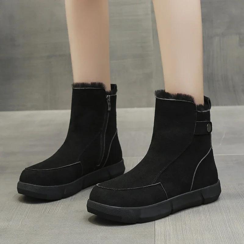 Fashion 2024 Fashion Shoes Female Side Zipper Women's Boots Winter Round Toe Plush Fleece for Warmth Solid Short Barrel Flat Boots