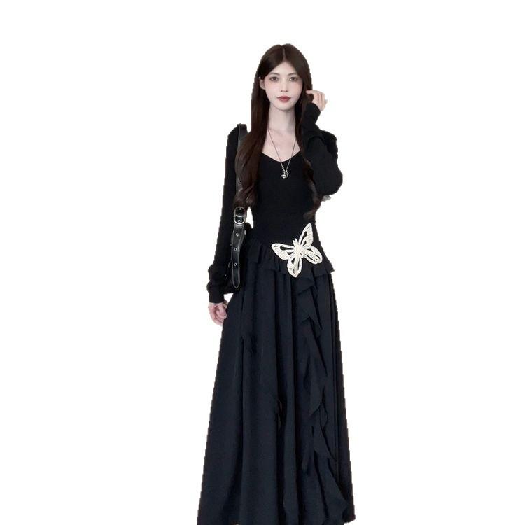 Large size fashion women's clothing fat mm design sense irregular butterfly temperament long dress waist thin ruffle edge dress