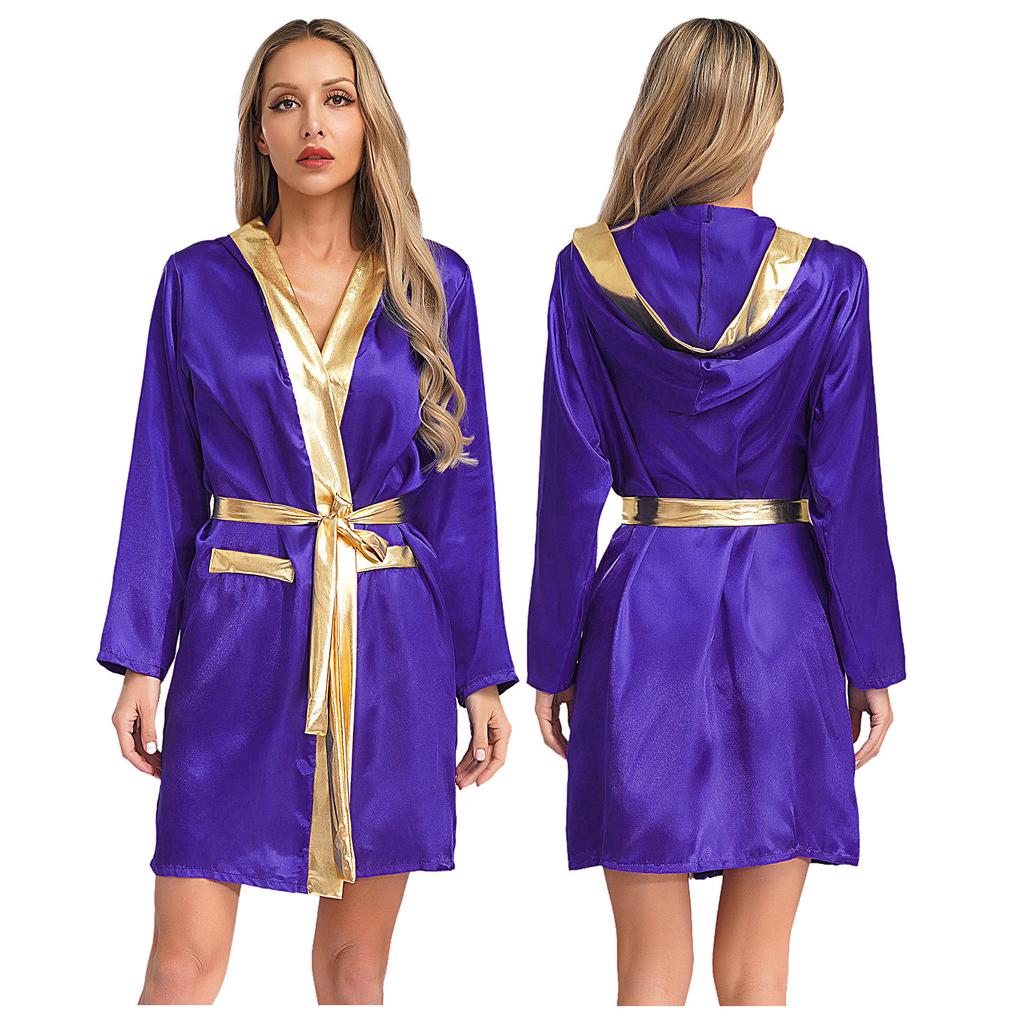 Womens Boxing Robe Halloween Cosplay Costume Long Sleeve Open Front Metallic Trim Satin Hooded Cloak with Belt