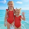 Costume da bagno intero per bambina Estate Colore Unico Costumi da bagno Bambini Senza Maniche Spalla con Volant Costume da bagno Abbigliamento da spiaggia per bambini