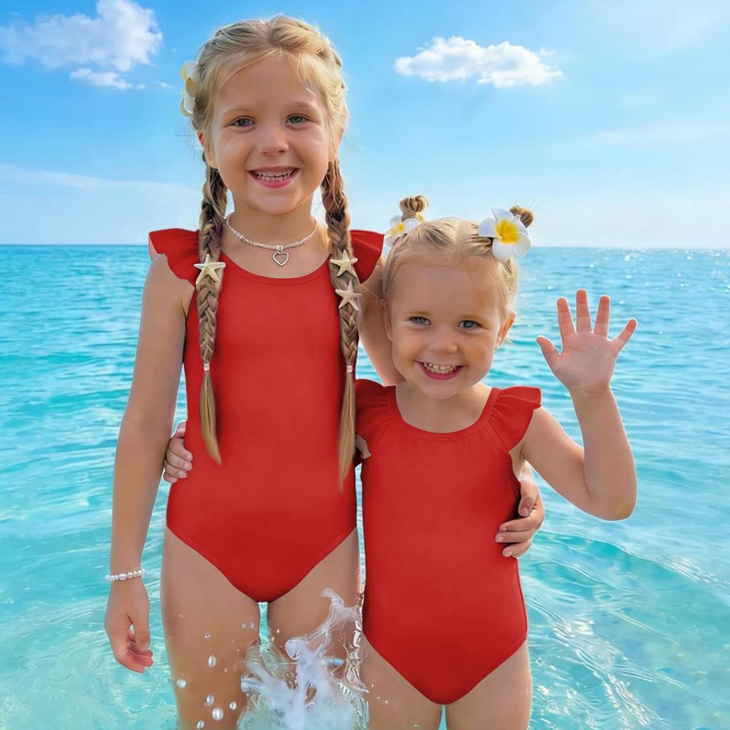 Costume da bagno intero per bambina Estate Colore Unico Costumi da bagno Bambini Senza Maniche Spalla con Volant Costume da bagno Abbigliamento da spiaggia per bambini