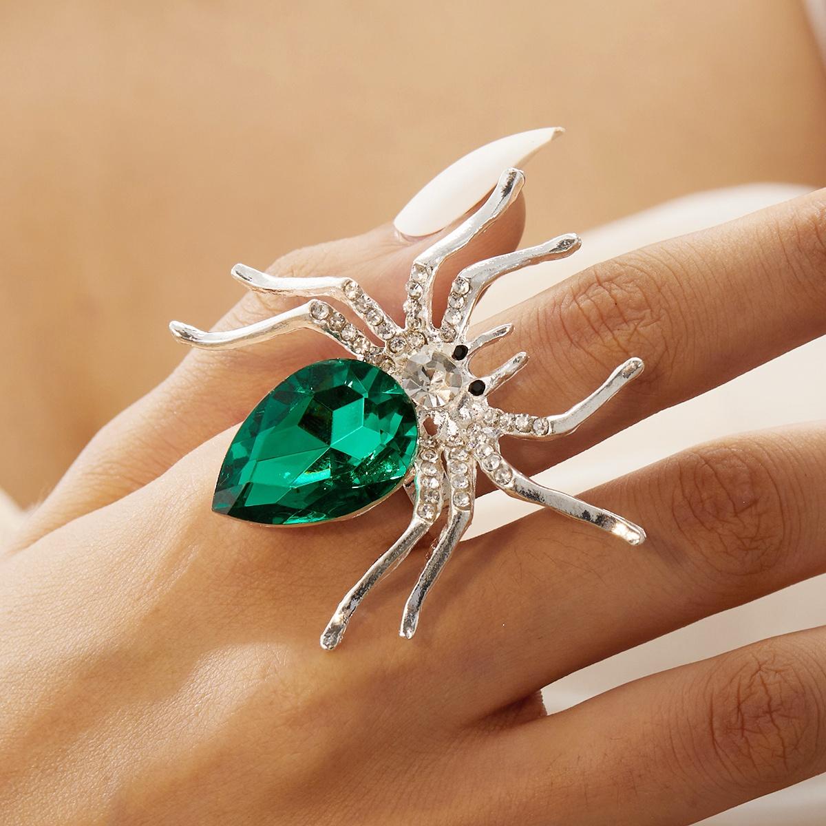 Exaggerated Vintage Colorful Rhinestone Spider Open Rings Gothic Halloween Big Insect Spider Finger Ring For Women Men Jewelry