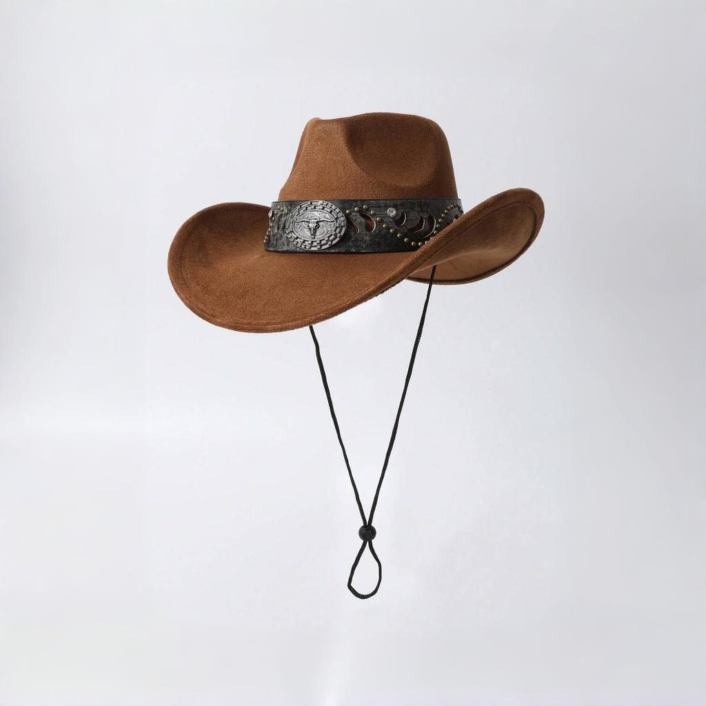 Western cowboy hat for men and women, faux suede, distressed with metal rivets, wide brim, outdoor riding sun protection hat