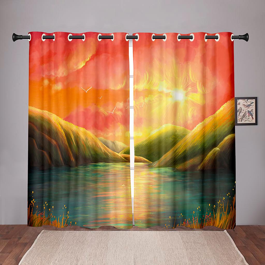 Thick 2Pieces90% Shading Nature Landscape Sunset Sea Blackout Window Curtains For Bedroom Living Room Bathroom Kicthen Door Hall
