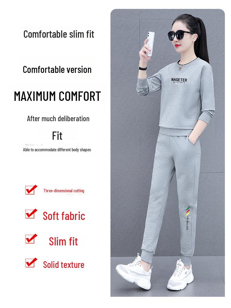 Women's Round Neck Sportswear Set - New Spring/Autumn Fashion: Leisure Sweater Two-Piece Suit