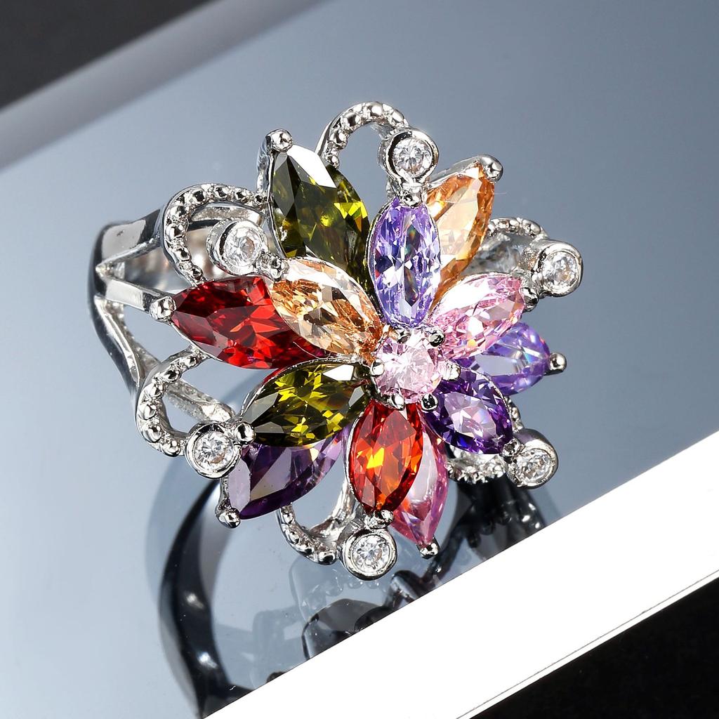 SODROV Rainbow Crystal Jewelry Colorful Zircon Flower Rings for Women