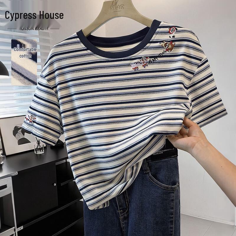 Women s Striped Round Neck Casual Short Sleeve T-Shirt L