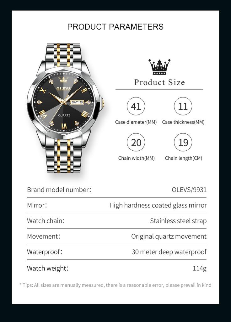 OLEVS 9931 Sports Watch for Men Luxury Luminous Waterproof Stainless Steel Calendar Brick Quartz Mens Wristwatches Reloj Hombre