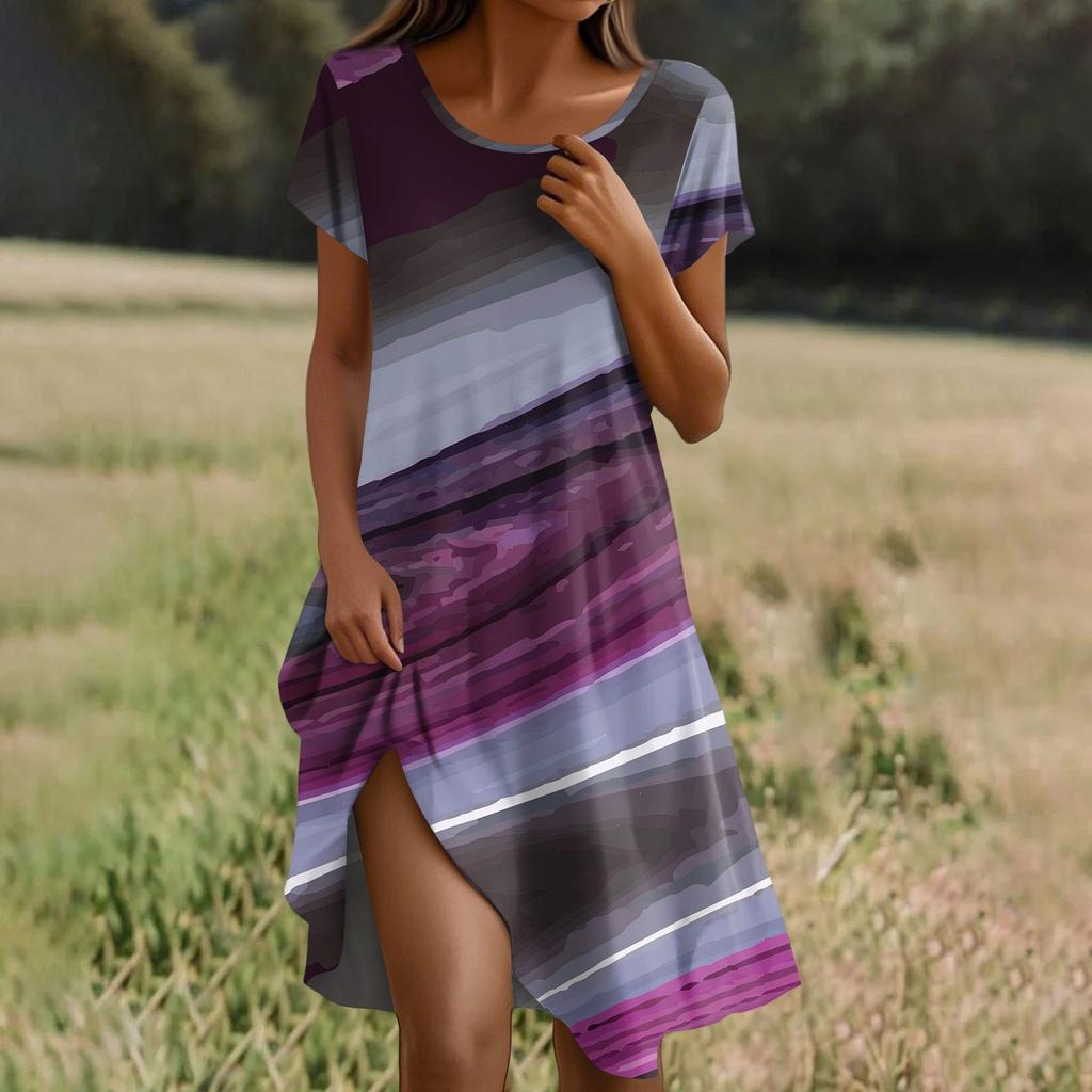 Short Sleeve Boho Dress For Women Casual Loose Fit Summer Sundress Texture Print Dress With Pockets