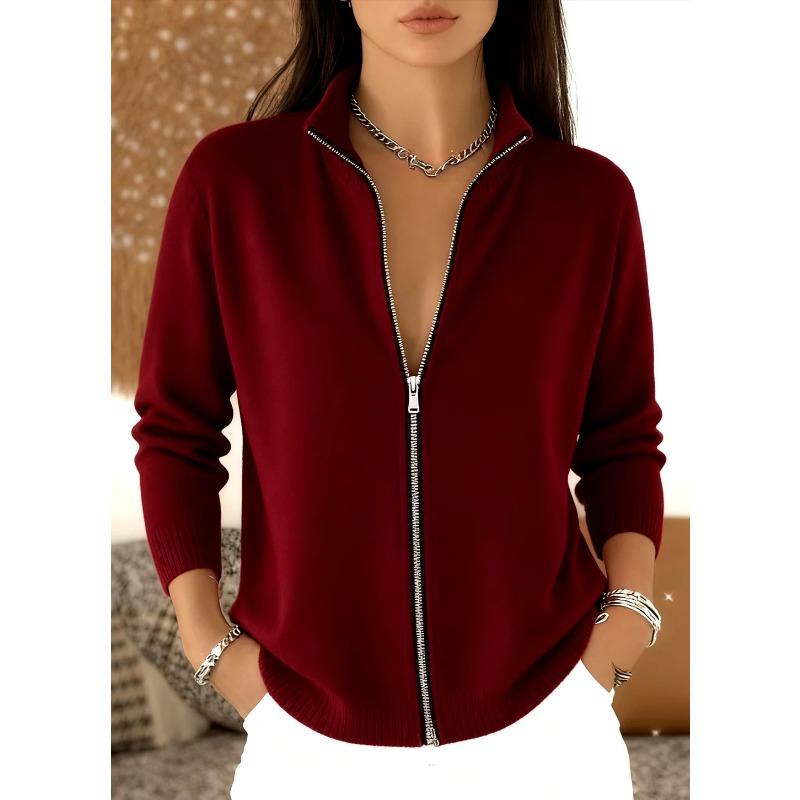 Women S Half High Neck Full Zip Long Sleeve Knit Cardigan Solid Color