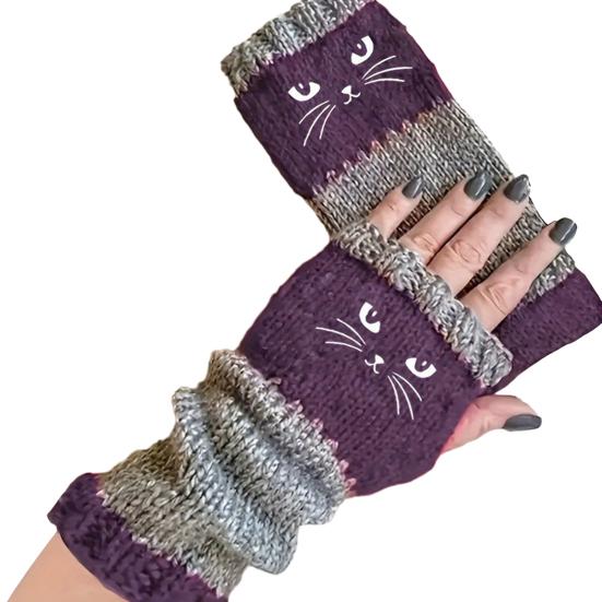 Yousheng 1 Pair Riding Gloves Embroidery Pattern Fingerless Knitted Gloves with Extended Cuffs Half-Finger Design Thumb Hole Winter Gloves