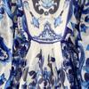 Retro Palace Wind Round Collar Bell Sleeve Loose Blue and White Porcelain Printed  Dress Elegant Temperament Large Skirt