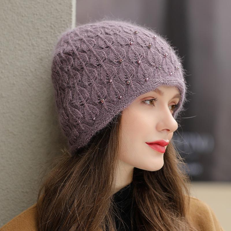 New Winter Hat Street Fashion Rabbit Fur Blend Thick Warm Beanie Hat for Women Elegant Pearl Decoration Knitted Hat Ladies Gift