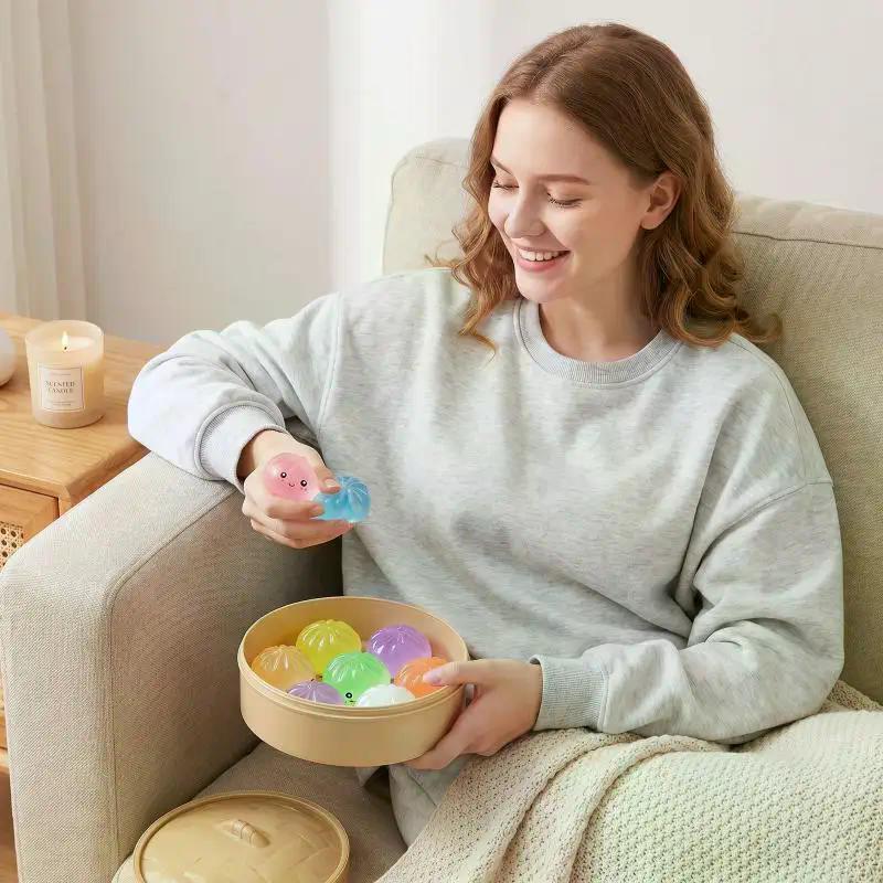 7Pcs Mini Dumplings With Steamer Bun Squeezable Toys Set Soft Stress Relief Crystal Squeeze Fidget Sensory Toy Party Favors Gift
