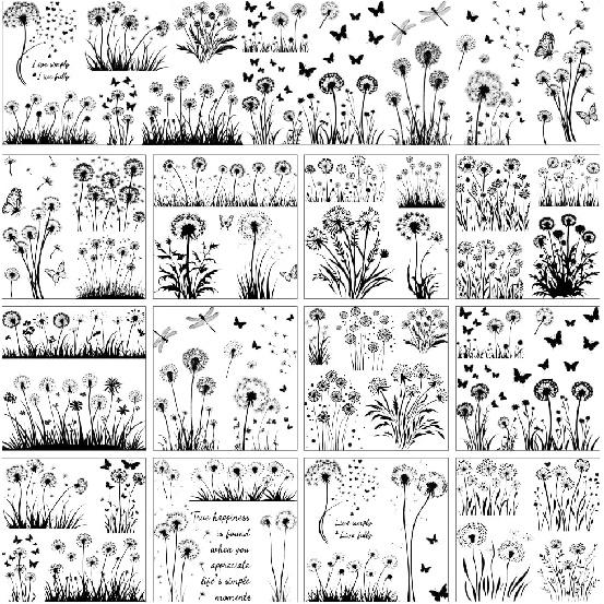 AHANDMAKER 12 Sheets Rub On Transfer Stickers, Minimalism Themed Stickers Black and White Flower Sticker with Dandelions, Butterflies, Flowers for