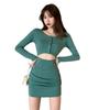 Hong Kong Style Chic Cutout Crop Top & Body-Hugging Long Sleeve Dress
