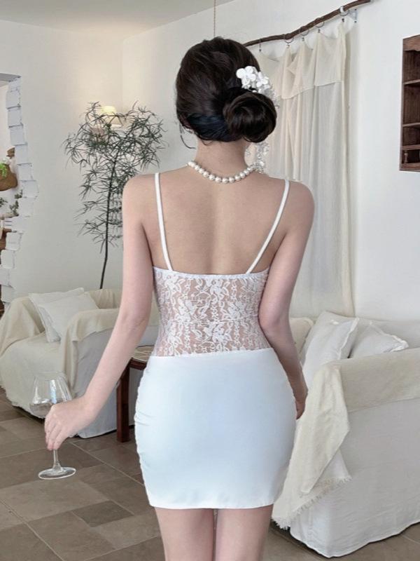 Sexy Spaghetti Strap Lace Patchwork Dress - Slimming Low-Cut with Cut-Out Design for Nightclubs