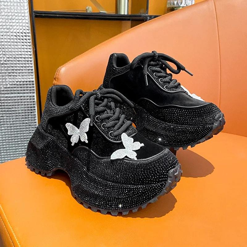 Luxury Rhinestone Butterfly Platform Sneakers Women Winter Sequin Fabric Thick Bottom Sports Shoes Designer Female Sneakers