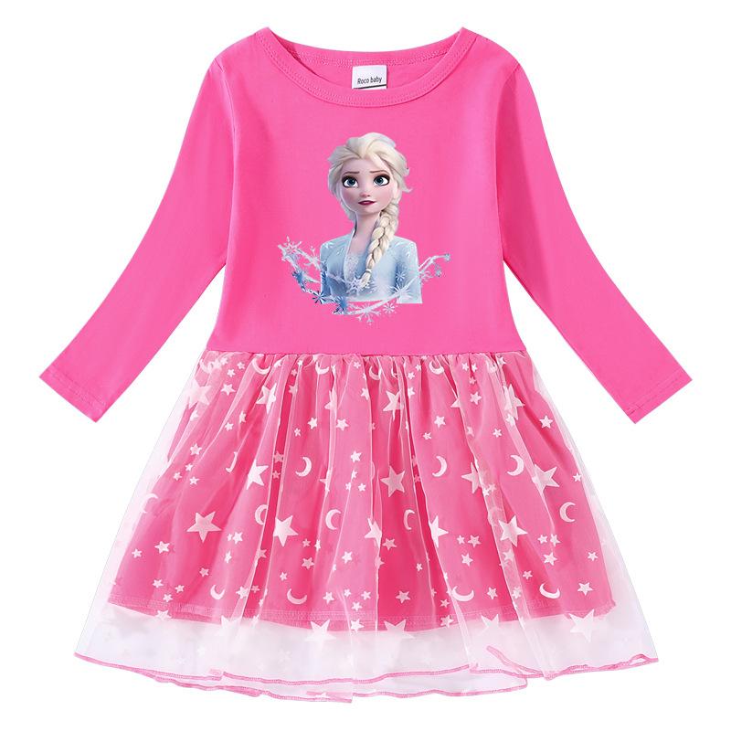 Spring and Autumn New Girls' Dress Cotton Printing Cartoon Star Moon Mesh Long Sleeve Princess Dress
