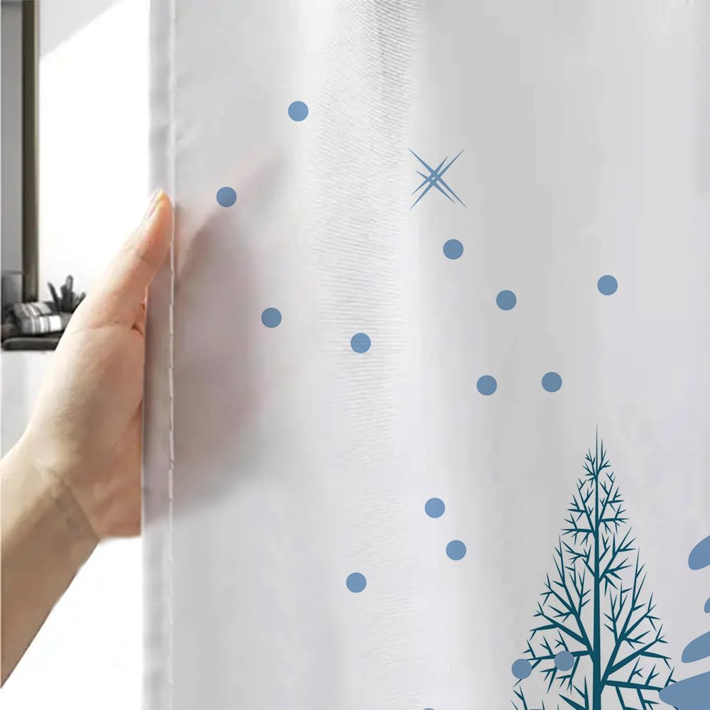 Blue Christmas Snowflake Shower Curtain, Winter Forest Deer Fabric Shower Curtains Set For Bathroom Decoration With Hooks Cute