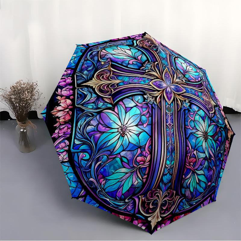 1pc Stained Glass Cross Automatic Open/close Umbrella, 8-Rib Sturdy Structure, Auto Folding/Opening, Portable Travel Umbrella for Women,026