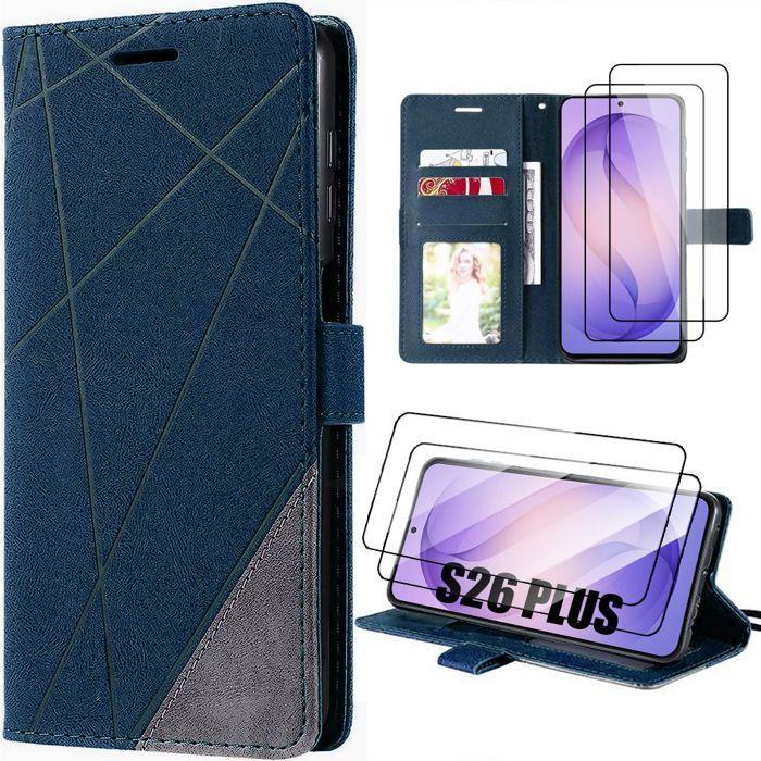 Coque pour Samsung Galaxy S26 Plus, Protection Antichoc Effet Cuir - Bleu Marine - 2 Verres Trempés