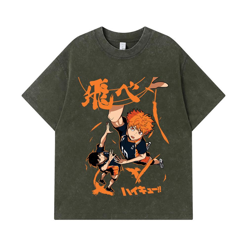 

275 GSM Washed T-shirts 100% Cotton Haikyuu V10 Hinata Tobio Print Unisex Heavy Cotton T Shirt S армия зеленый
