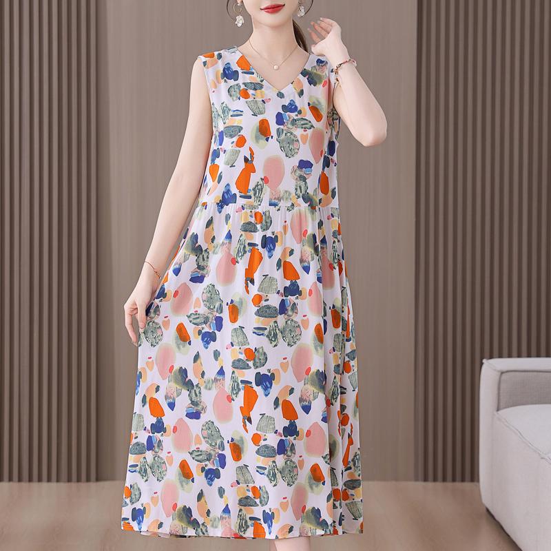 Abito estivo elegante da donna taglie forti, abito lungo senza maniche ampio, abbigliamento vintage femminile
