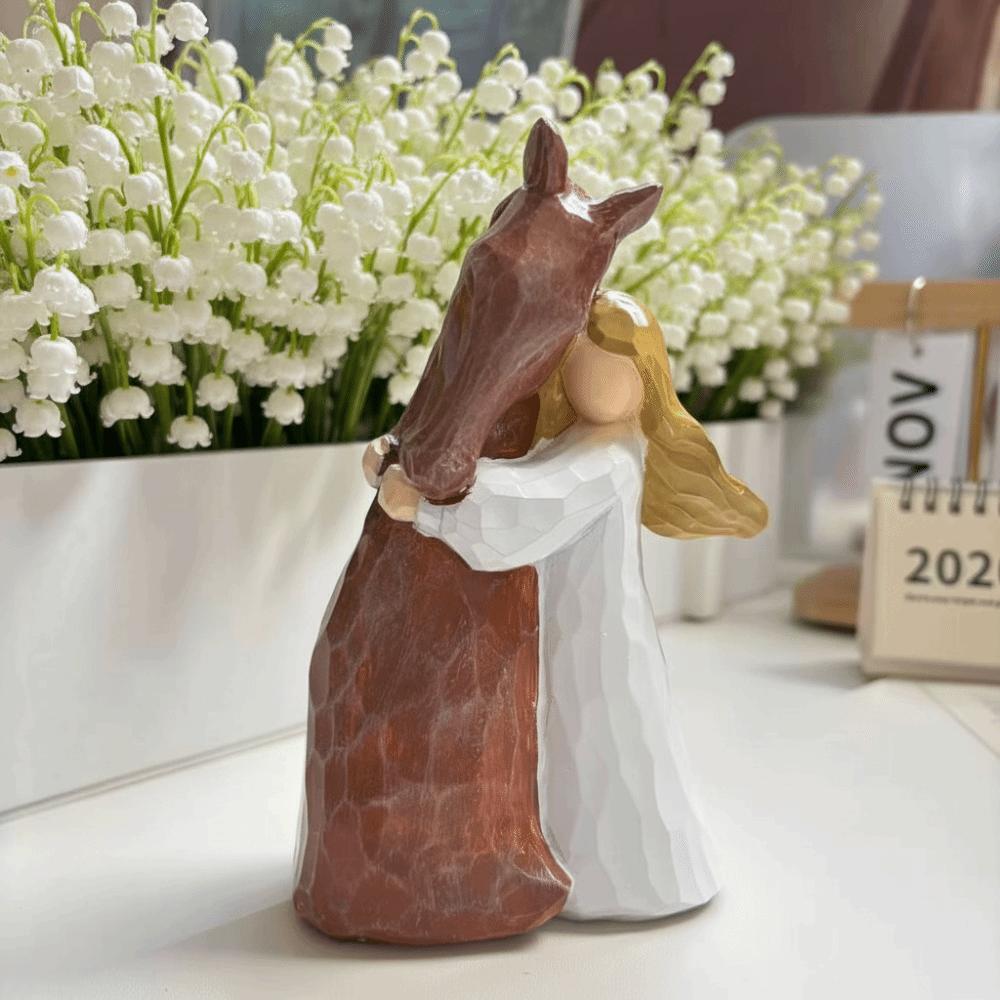 Hand-Drawn Design Resin Horse Statue Detailed Design Classic Style Horse Figurine Elegant Figurine Girl Hugging Horse