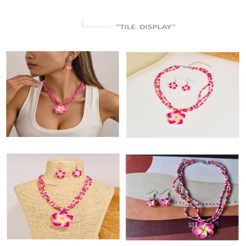 Polymer Clay Flowerwomen Jewelry Set Cute  Seaside Beach Colorful Flower Earrings Girls Sweet Beaded Chain Necklace Girl