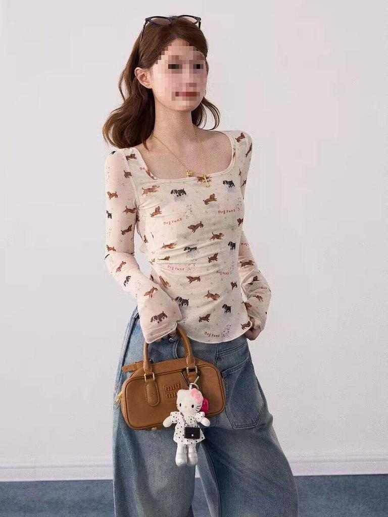 Trendy Pure Desire Slim-Fit U-Neck Printed Puppy Long-Sleeve T-Shirt for Women