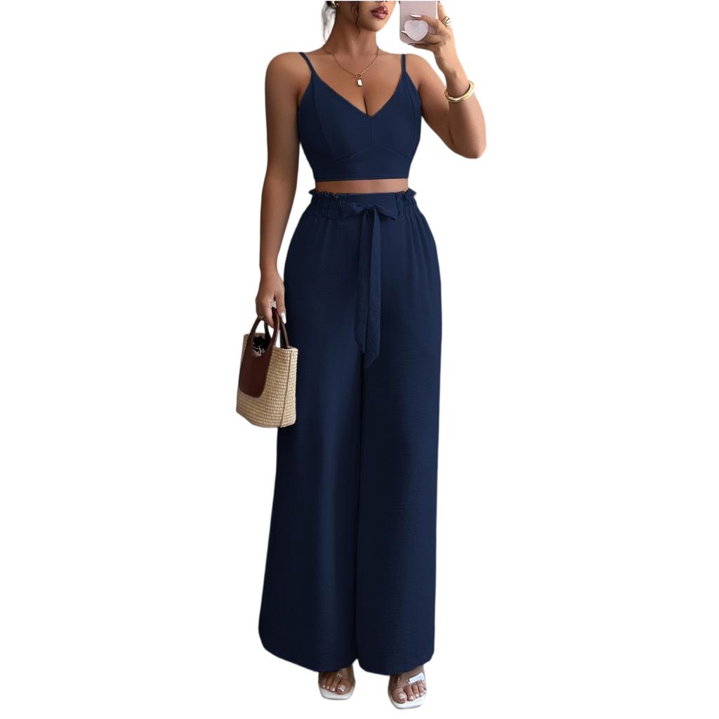 Ladies' Summer Loose Comfortable Casual Fashionable And Elegant Suspender Wide Leg Pants Two-piece Set