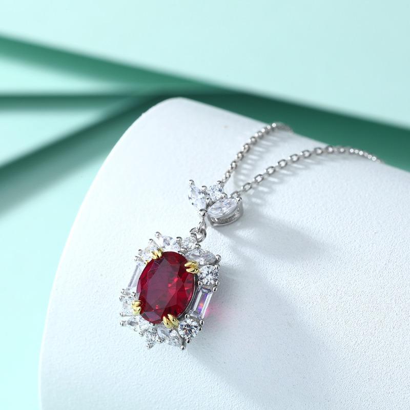 S925 Silver Ruby Pendant Natural Garnet Zircon Necklace Women's High-end European and American Style Sterling Silver Collarbone Chain