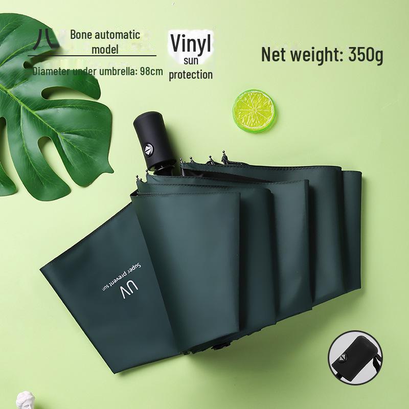 Black 16-Bone Automatic Three-Fold Dual-Purpose Umbrella for Sunny and Rainy Days - Large, Reinforced, Anti-Storm Design.