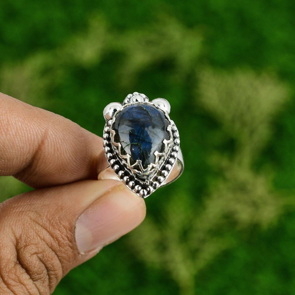 Natural Labradorite Gemstone Multi Stone Adjustable Ring 925 Silver For Girls