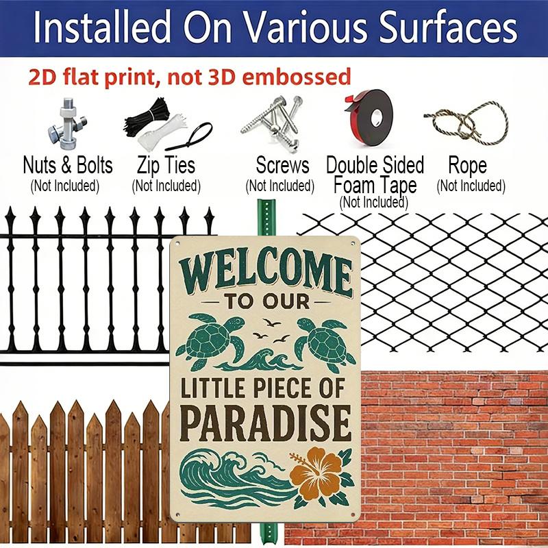 2D Flat 1pc Vintage Coastal Metal Sign Welcome To Our Little Piece of Paradise - Ocean & Turtle Design, Sturdy Aluminium Wall Art for Beach House