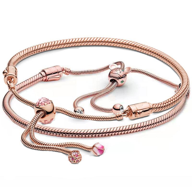 

Розовое золото Персик Цветок с кристаллом Adjust Браслет 925 стерлингового серебра Браслет Подходит Оригинальная мода Бисер Шарм Ювелирные изделия